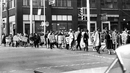 Feb. 1, 1961 - Atlanta, Ga.: - Protesters against the city's two major department stores march in downtown Atlanta demanding an end to segregation.