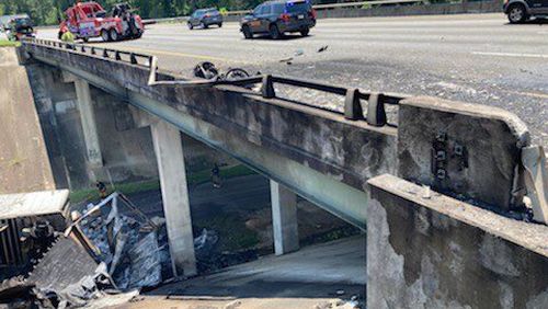 A truck crash damaged a bridge in Bartow County near Lake Allatoona and shut down all southbound lanes of I-75.