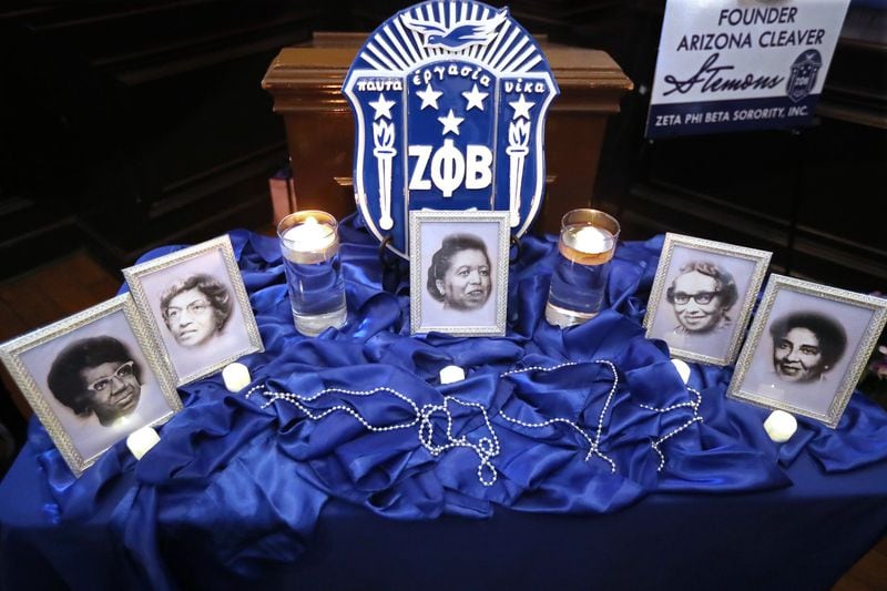 A tribute to the five founding members of the Zeta Phi Beta Sorority (from left), Pearl Anna Neal, Viola Tyler Goings, Arizona Cleaver Stemons, Myrtle Tyler Faithful, and Fannie Pettie Watts was the centerpiece at the 100 Years of Finer A Centennial Celebration on Thursday, Jan. 16, 2020, in Dunwoody. (CURTIS COMPTON / CCOMPTON@AJC.COM)