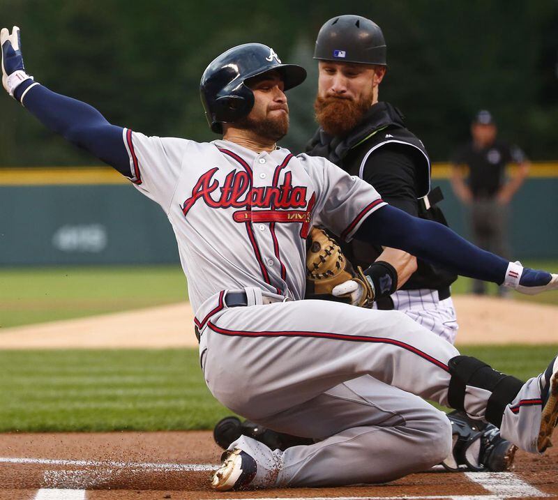  Ender Inciarte was thrown out at the plate when he tried to turn a triple into an inside-the-park home run leading off the first inning of Monday's 3-0 Braves loss at Colorado. (AP photo)
