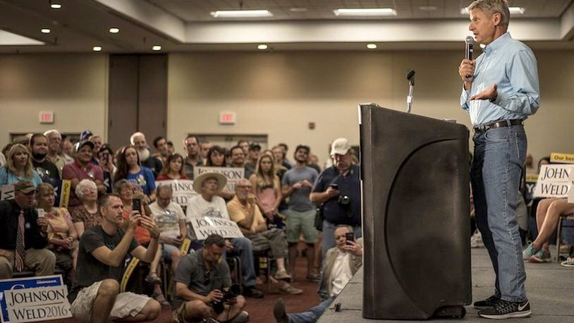 Gary Johnson, 2016 Libertarian presidential nominee, speaks during a campaign event at the Albuquerque Convention Center in Albuquerque, New Mexico, on Aug. 20. MUST CREDIT: Sergio Flores, Bloomberg