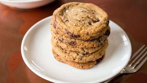 Stack of whole wheat double chocolate chip cookies from 8Arm's Sarah Dodge. / Photo credit- Mia Yakel