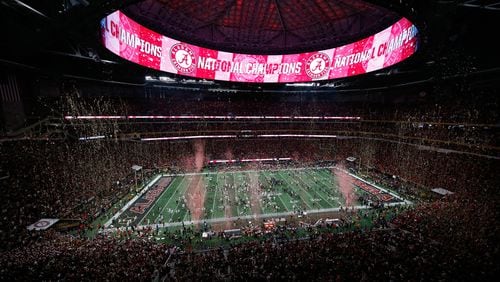 A view of Mercedes-Benz Stadium as the Alabama Crimson Tide celebrates beating the Georgia Bulldogs in overtime and winning college football’s national championship Monday night.
