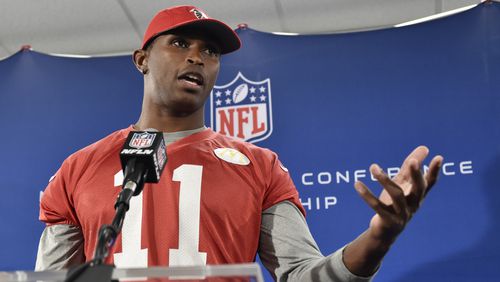 Falcons wide receiver Julio Jones speaks during press conference Thursday, Jan. 19, 2017, about the team's preparation to play the Green Bay Packers in the NFC Championship game.