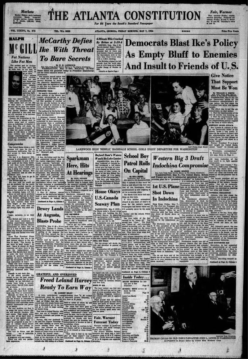 The Atlanta Constitution front page on May 7, 1954.