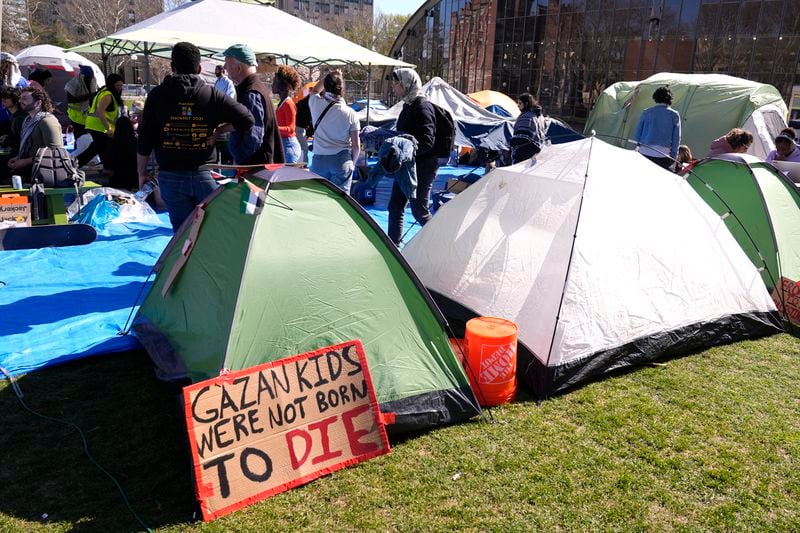 Students protest at an encampment on the campus of the Massachusetts Institute of Technology, Tuesday, April 23, 2024, in Cambridge, Mass. (AP Photo/Charles Krupa)