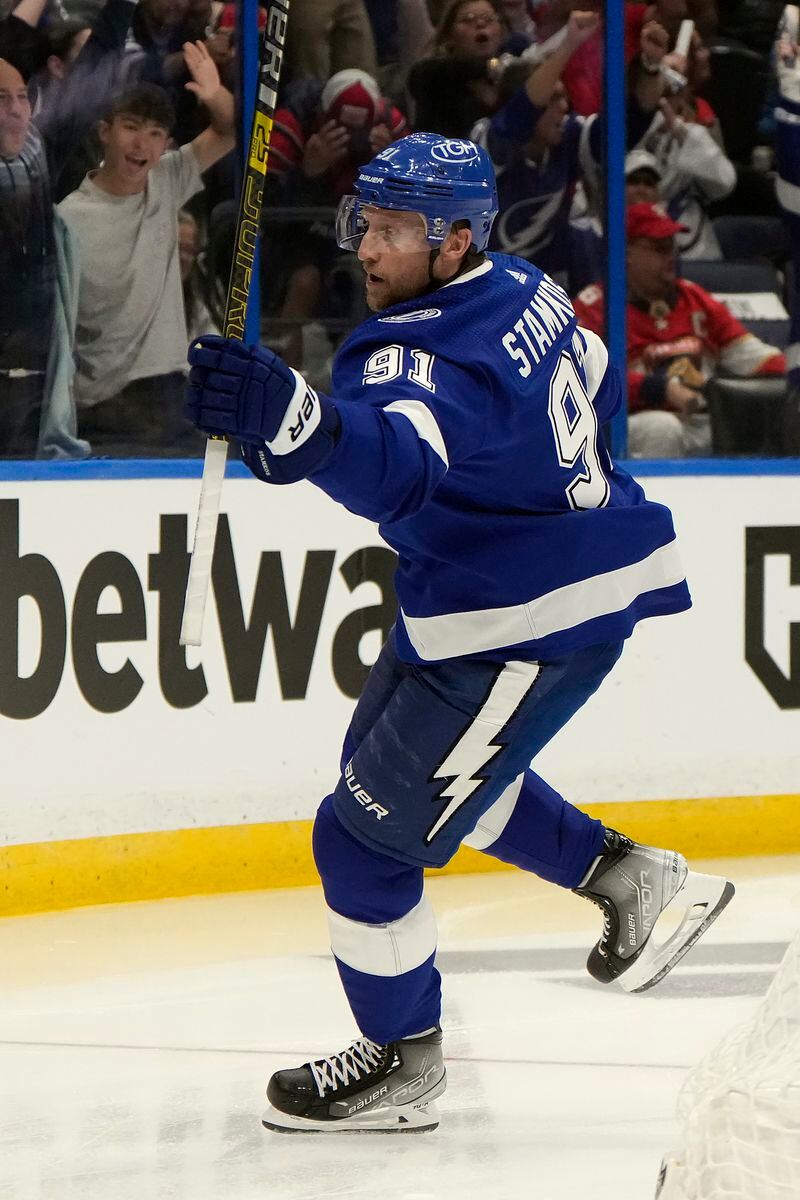 Tampa Bay Lightning center Steven Stamkos (91) celebrates his goal against the Florida Panthers during the second period in Game 3 of an NHL hockey Stanley Cup first-round playoff series, Thursday, April 25, 2024, in Tampa, Fla. (AP Photo/Chris O'Meara)