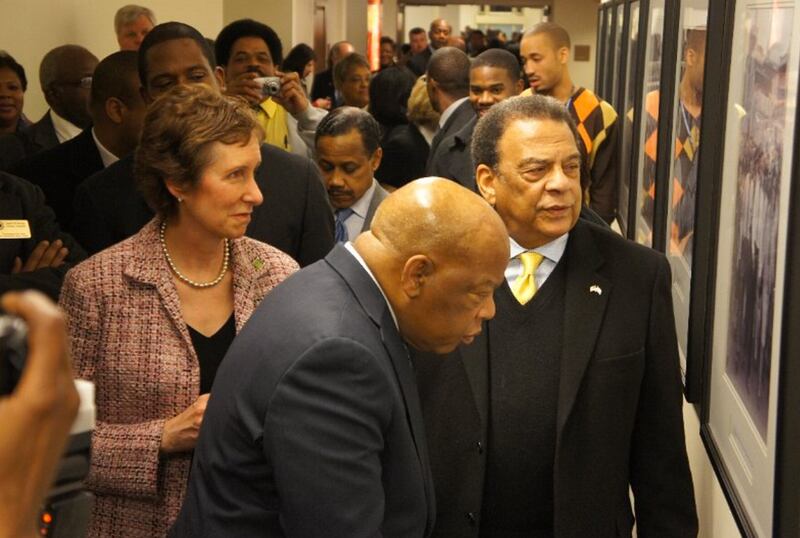 In a more recent photo, John Lewis and Andrew Young review a collection of artwork at the Martin Luther King Jr. Federal Building in Atlanta with US General Services Administrator Martha Johnson. Photo: GSA