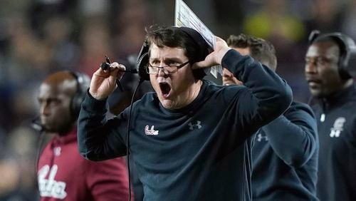 South Carolina coach Will Muschamp yells to the officials during the first quarter against Texas A&M Saturday, Nov. 16, 2019, in College Station, Texas.