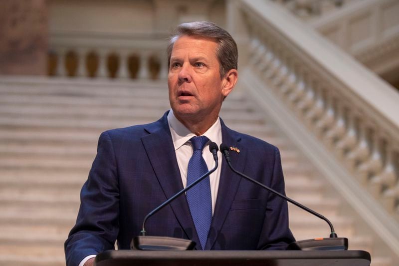 Brian Kemp, who narrowly avoided a runoff against Stacey Abrams in the 2018 governor's race, mentions her frequently in public appearances. (Alyssa Pointer/Atlanta Journal Constitution)