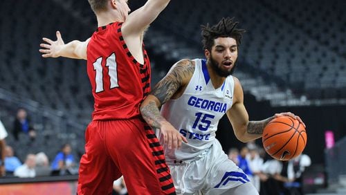 LAS VEGAS, NV - NOVEMBER 20:  D'Marcus Simonds #15 of the Georgia State Panthers drives against Jack Perry #11 of the Eastern Washington Eagles during day one of the Main Event basketball tournament at T-Mobile Arena on November 20, 2017 in Las Vegas, Nevada.  (Photo by Sam Wasson/Getty Images)