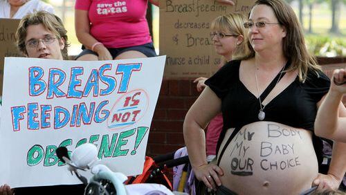 The current infant formula shortage has led to the chastising of women who do not breastfeed. Yet, women who do breastfeed have also been publicly shamed. Pictured are "Lactivists" who gathered in May 2011 in front of Forest Park City Hall to protest a law prohibiting breastfeeding children older than two in public. AJC FILES