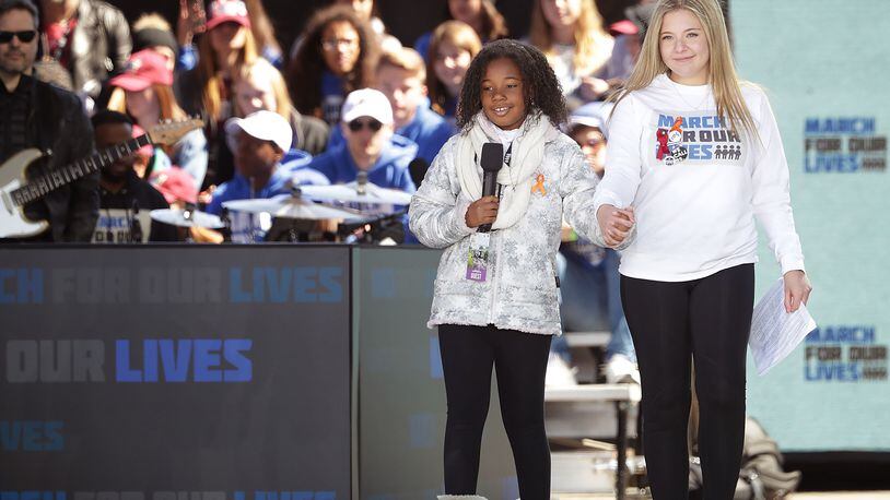 WASHINGTON, DC - MARCH 24:  Marjory Stoneman Douglas High School Student Jaclyn Corin (R) and Yolanda Renee King, grand daughter of Dr. Martin Luther King, Jr. address the March for Our Lives rally on March 24, 2018 in Washington, DC.   (Photo by Chip Somodevilla/Getty Images)