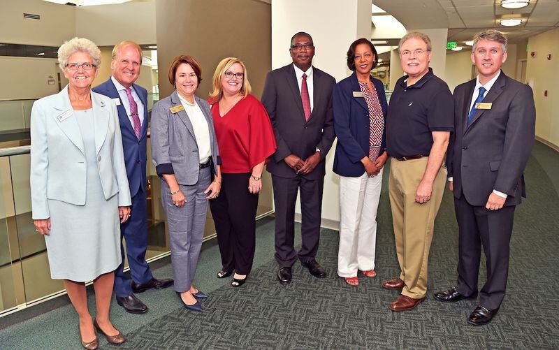 GGC President Jann L. Joseph (third from right) hosted a breakfast for Gwinnett County mayors on Sept.17, 2019, to discuss connections between the college and the communities it serves. PHOTO CREDIT: ROD REILLY.