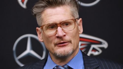 April 26, 2019 Flowery Branch: The Atlanta Falcons general manager Thomas Dimitroff discusses the teamâs first round draft picks at the indoor practice facility on Friday, April 26, 2019, in Flowery Branch.    Curtis Compton/ccompton@ajc.com