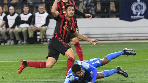Atlanta United Gonzalo Martinez kicks a goal against Motagua FC during the first half of a soccer match in the Scotiabank Concacaf Champions League, Tuesday, Feb. 25, 2020, in Kennesaw, Ga. (John Amis, Atlanta Journal Constitution)
