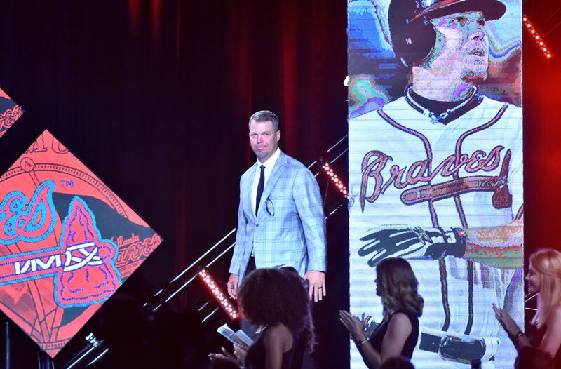 August 19, 2016 Atlanta - Atlanta Braves Hall of Famer Chipper Jones is introduced during Braves Hall of Fame luncheon at Hyatt Regency on Friday, August 19, 2016. Atlanta Braves President John Schuerholz and former outfielder Andruw Jones were inducted into the Braves Hall of Fame. The duo were inducted during a luncheon and honored that evening in a pregame ceremony before the Braves play the Washington Nationals. HYOSUB SHIN / HSHIN@AJC.COM