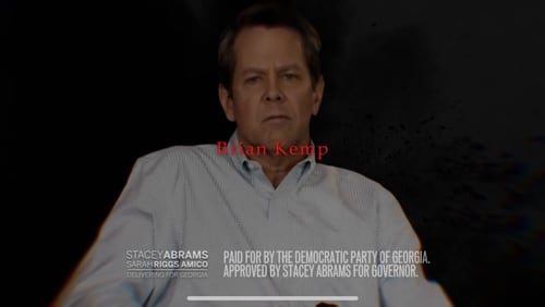 A screenshot from a Democratic Party of Georgia attack ad targeting Brian Kemp.