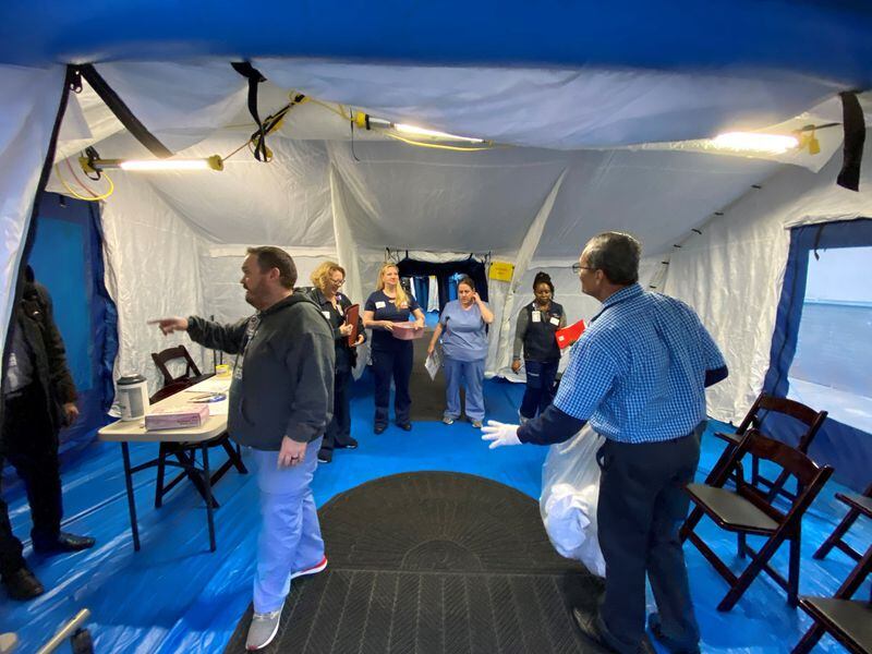 Amid the coronavirus crisis, Wellstar Kennestone Hospital in Marietta set up tents that are a temporary extension of the hospital’s emergency department. The expansion is being used to treat the surge of patients visiting the emergency department. Photo courtesy of Wellstar Health System.