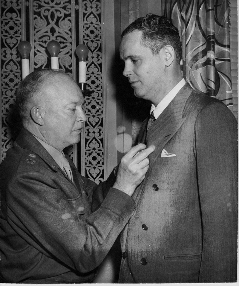 General of the Army Dwight D. Eisenhower presents the Medal of Freedom on Nov. 20, 1947, to Wright Bryan, editor of The Atlanta Journal, for services as a war correspondent in the European Theatre, 1943-45.