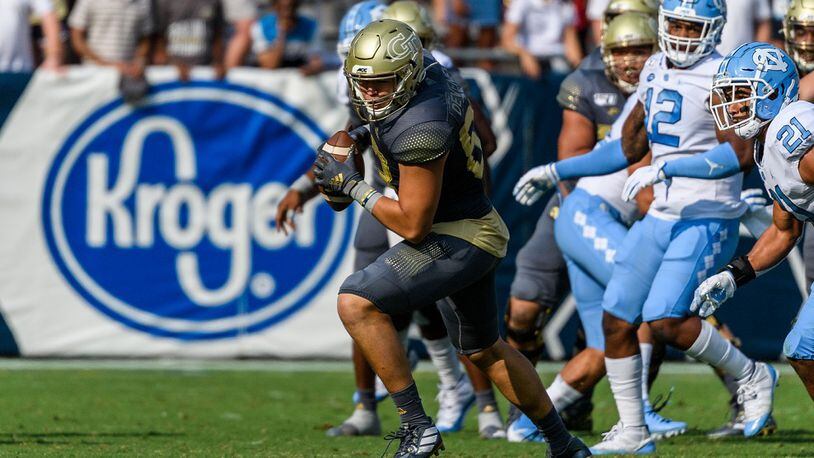 Georgia Tech tight end Dylan Deveney catches a pass and turns up field against North Carolina on Oct. 5, 2019 at Bobby Dodd Stadium. (Photo by Danny Karnik/Georgia Tech Athletics)