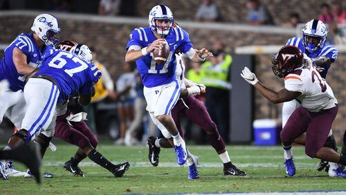 DURHAM, NC - SEPTEMBER 29:  Daniel Jones #17 of the Duke Blue Devils against the Virginia Tech Hokies during their game at Wallace Wade Stadium on September 29, 2018 in Durham, North Carolina. Virginia Tech won 31-14.  (Photo by Grant Halverson/Getty Images)