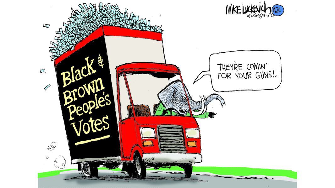 GOP Elephant driving truck loaded with black and brown persons' votes while shouting out the windows, 