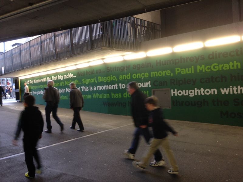 An element of Aviva Stadium worth replicating. The wall of a concourse documents famous calls from the Irish national teams. (AJC photo by Ken Sugiura)