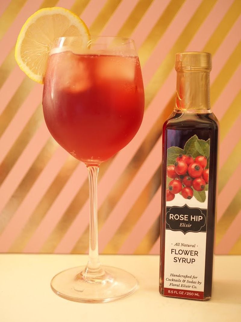 A champagne cocktail made with Rose Hip Elixir from Floral Elixirs