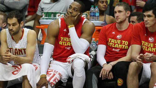 Hawks players sit on the bench in a 115-99 loss to the Washington Wizards in Game 6 of a first-round NBA basketball playoff series on Friday, April 28, 2017, in Atlanta. Curtis Compton/ccompton@ajc.com