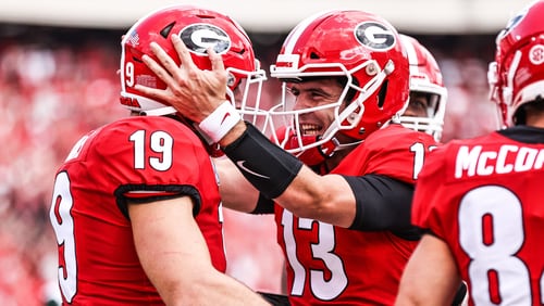 Georgia tight end Brock Bowers (19) and quarterback Stetson Bennett will try to repeat as national champions. (Photo by Tony Walsh)