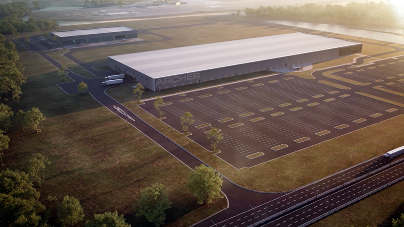 This is a rendering of Archer Aviation's planned electric aircraft manufacturing plant in Covington, Georgia. Source: Archer Aviation