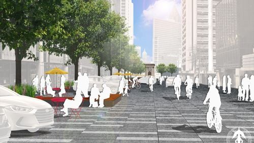 An early concept rendering of Peachtree Street as "Shared Space." This rendering is a product of the Atlanta City Studio’s early concept work on the shared space idea, and not a product of the current study or the ongoing workshops.