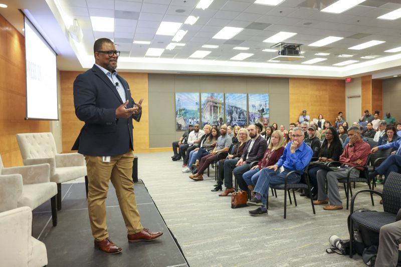 Incoming AJC Editor-in-Chief Leroy Chapman Jr. speaks during the AJC Town Hall meeting at Cox Headquarters, Thursday, March 23, 2023, in Atlanta. Jason Getz / Jason.Getz@ajc.com)
