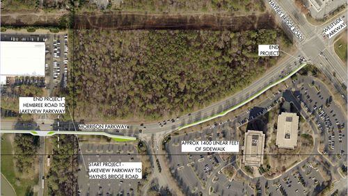 Photo illustration depicts a portion of a 3,300-foot-long sidewalk project for Morrison Parkway between Hembree and Haynes Bridge roads in Alpharetta. CITY OF ALPHARETTA
