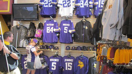 Inside Vikings' fan store, Adrian Peterson's jersey is not for sale.