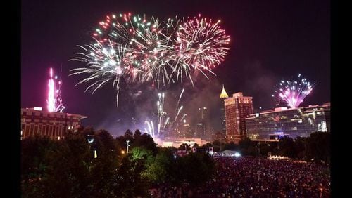 Fireworks light up the downtown Atlanta skyline.