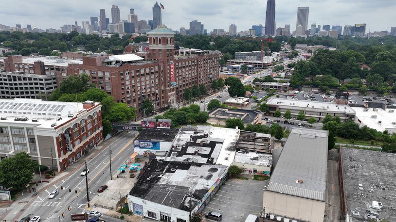 An aerial photograph shows a piece of Beltline-adjacent building (lower right), where 8ARM and former Paris on Ponce are located, on Ponce de Leon in Atlanta on Tuesday, June 28, 2022. (Hyosub Shin / Hyosub.Shin@ajc.com)