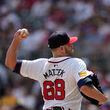 Atlanta Braves pitcher Tyler Matzek (68) works against the Cleveland Guardians in the seventh inning of a baseball game, Sunday, April 28, 2024, in Atlanta. (AP Photo/Mike Stewart)