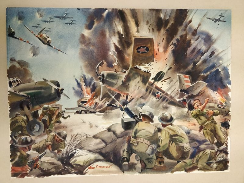 Japanese Aerial Attack on Wake Island, 1941, by artist Arthur Beaumont