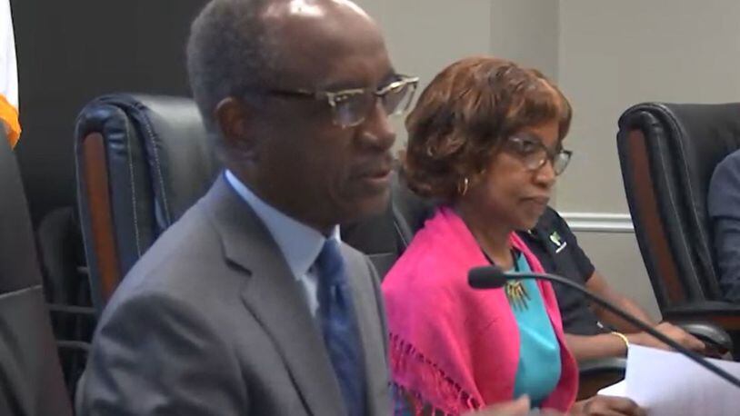 DeKalb County CEO Michael Thurmond and human resources director Benita Ransom in a Tuesday morning meeting of the county commission.