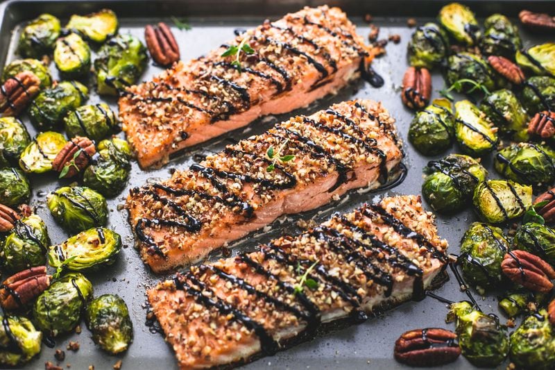 Saturday’s Sheet Pan Pecan-Crusted Salmon With Brussels Sprouts only takes about 20 minutes prep time. Contributed by American Pecan Council