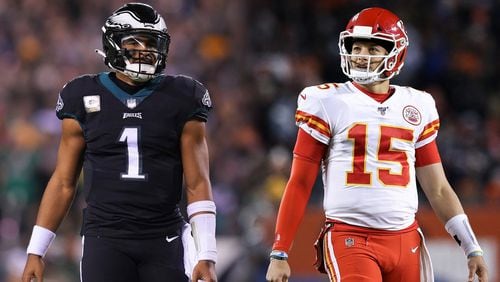 In this composite image a comparison has been made between quarterback Jalen Hurts (1) of the Philadelphia Eagles (L) and quarterback Patrick Mahomes (15) of the Kansas City Chiefs (R). They will meet in Super Bowl LVII on February 12,2023 at State Farm Stadium in Glendale, Arizona. (Left Image - Mitchell Leff/Getty Images/TNS) (Right Images - Dylan Buell/Getty Images/TNS)