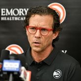 Hawks head coach Quin Snyder takes questions during team exit interviews after the season comes to an end at the practice facility, Friday, April 19, 2024, in Brookhaven. (Hyosub Shin / Hyosub.Shin@ajc.com)