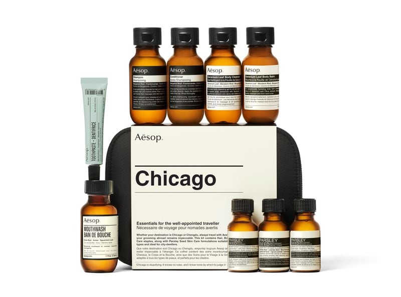 The Aesop Chicago City kit, created by ANT/DOTE, features travel-sized essentials including toothpaste, shampoo and an anti-oxidant facial toner.
Courtesy of ANT/DOTE