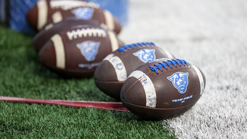 Footballs with Georgia State logos on them are shown before the spring game at Center Parc Stadium, Thursday, March 9, 2023, in Atlanta. Jason Getz / Jason.Getz@ajc.com)