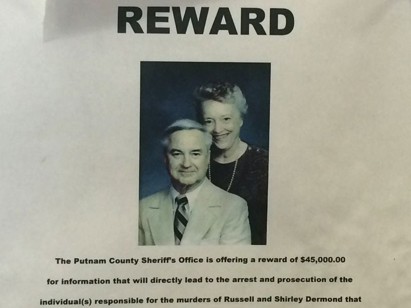 An early reward bulletin from 2014 when Russell Dermond was found slain and beheaded, and his wife, Shirley, had disappeared only to be found 10 days later, her body dumped in Lake Oconee, a few miles from where the couple lived.
