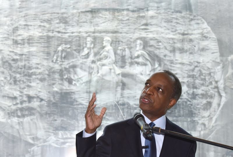 DeKalb CEO Mike Thurmond delivers the keynote address during Let Freedom Ring event at the Memorial Hall in Stone Mountain Park on Wednesday, April 4, 2018. The event was originally planned for the top of the mountain but because of weather was moved indoors. HYOSUB SHIN / HSHIN@AJC.COM