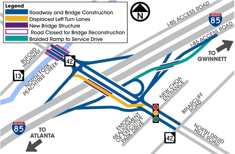 This graphic from the Georgia Department of Transportation shows the detour route during the North Druid Hills Road bridge work. The detour route will follow I-85 northbound to Exit 91, Ga. 155/Clairmont Road, and then turn onto Ga. 13/Buford Highway. The detour is about 5 miles long.