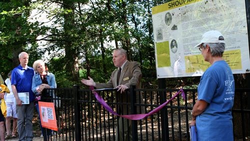 Civil War historian and lecturer Michael K. Shaffer speaks at the Sept. 23 rededication of the Shoupade Park, 4770 Oakdale Road, Smyrna, where two Civil War-era “Shoupades” or forts are preserved. DAVID IBATA FOR THE AJC
